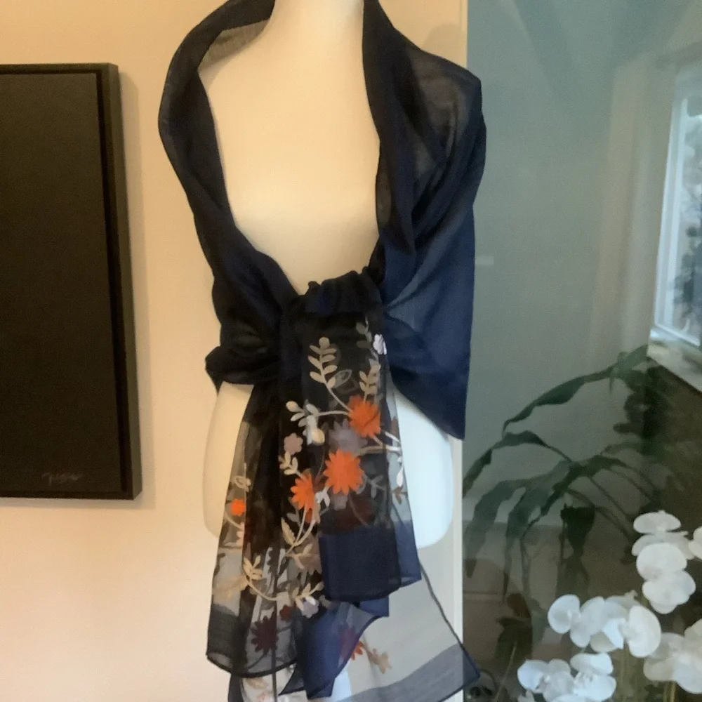 New Thai Silk Floral Embroidered Sheer Scarf